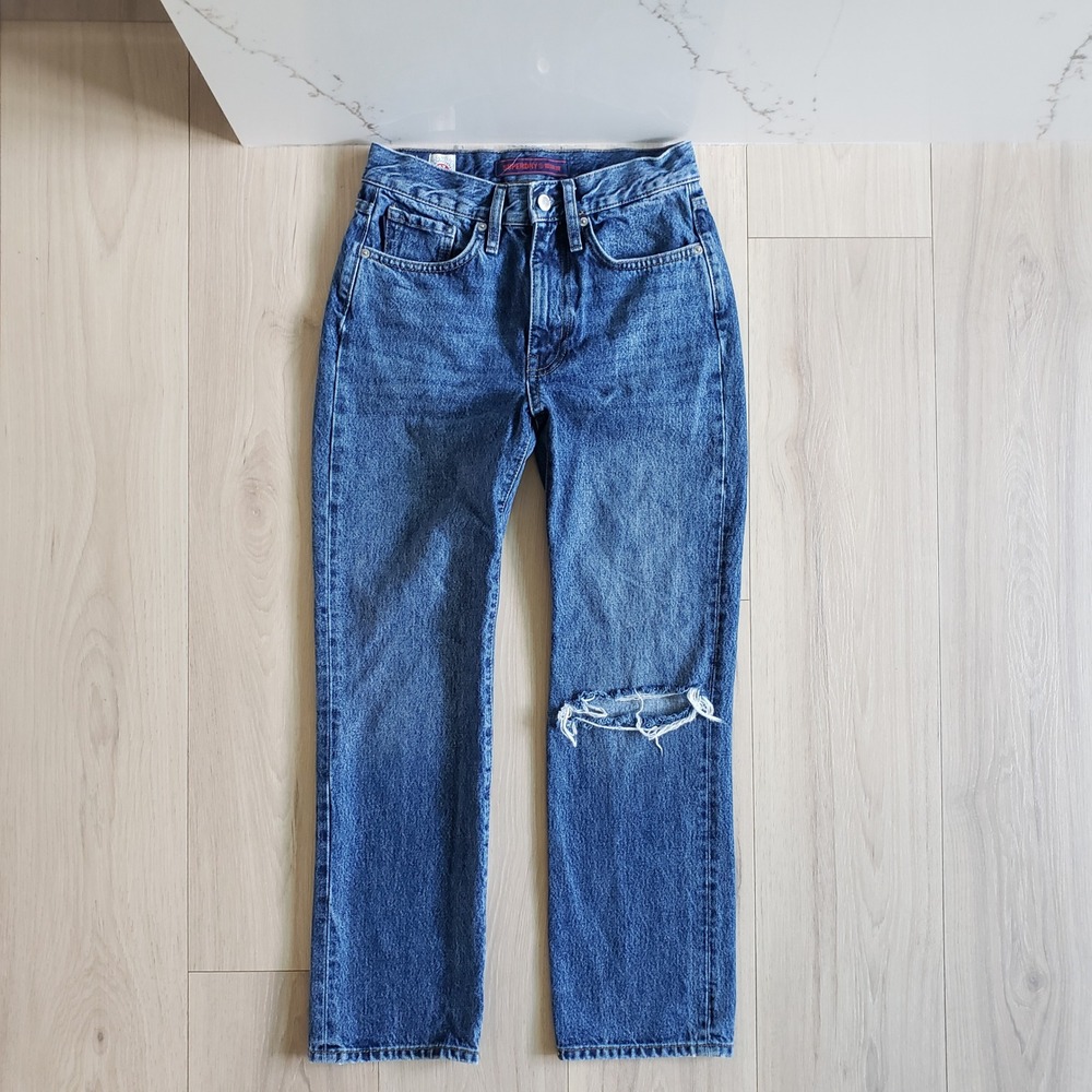 Superdry Japan Jeans Womens 24x30 Blue Distressed Ripped Knee Straight Leg